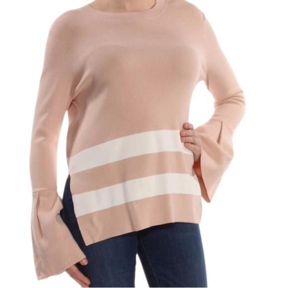 RACHEL Rachel Roy Sweater Womens Medium Beige Viscose Knit Bell Sleeve Bow Back - Picture 2 of 11